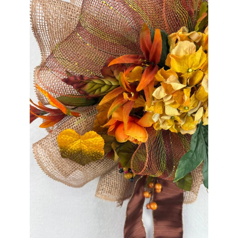 Handmade Fall Floral Wreath Burlap Deco Mesh Orange Yellow Hydrangea Decor